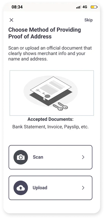 Mobile KYC proof-of-address method selection screen