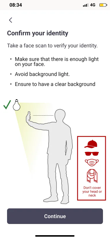 Mobile KYC screen explaining how to prepare for an identity face scan