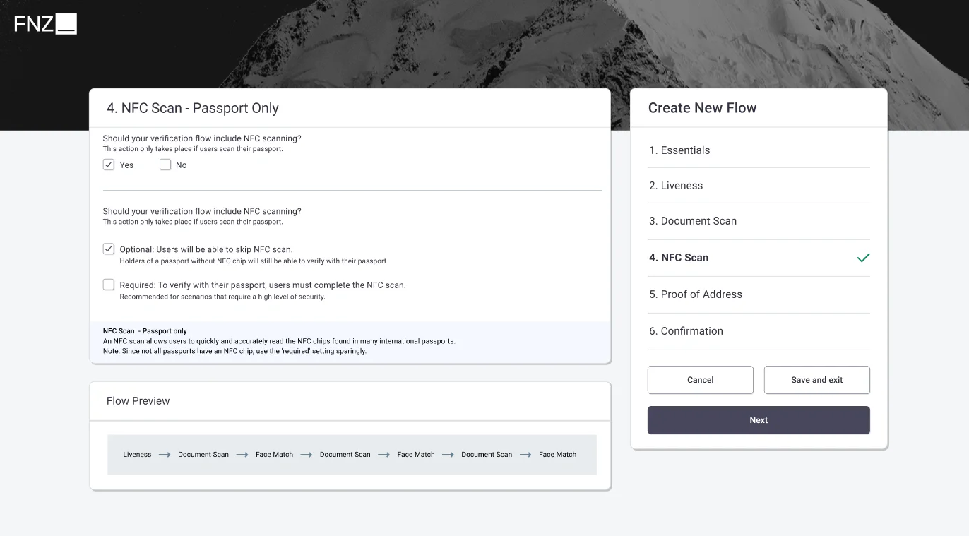 KYC flow builder configuring NFC passport verification