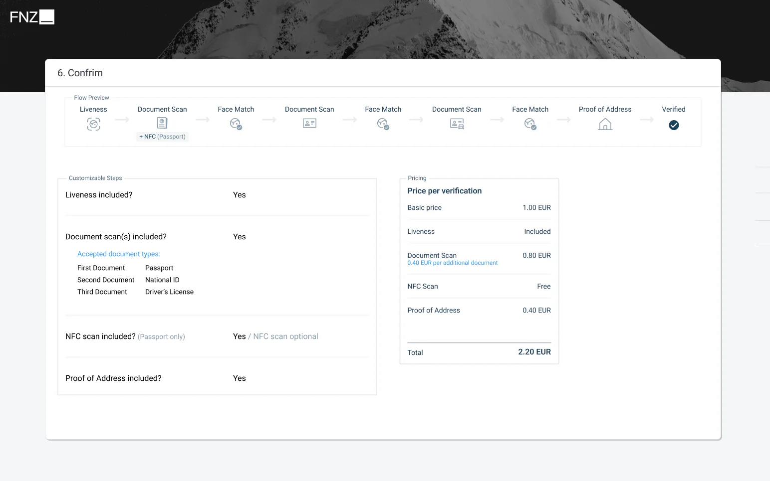 KYC flow builder confirmation showing the verification sequence and price