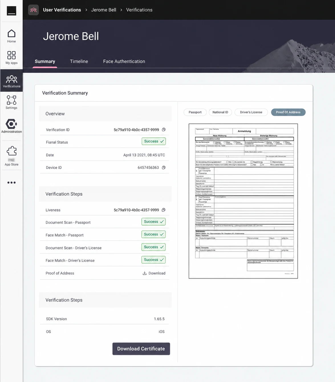 KYC verification record overview with document and proof-of-address evidence