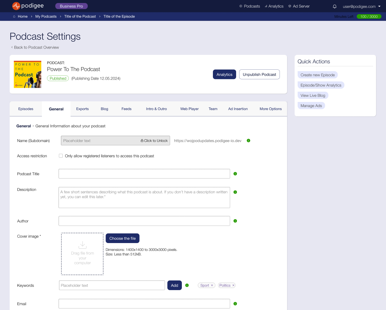 Redesigned Podigee podcast settings with a summary and quick actions