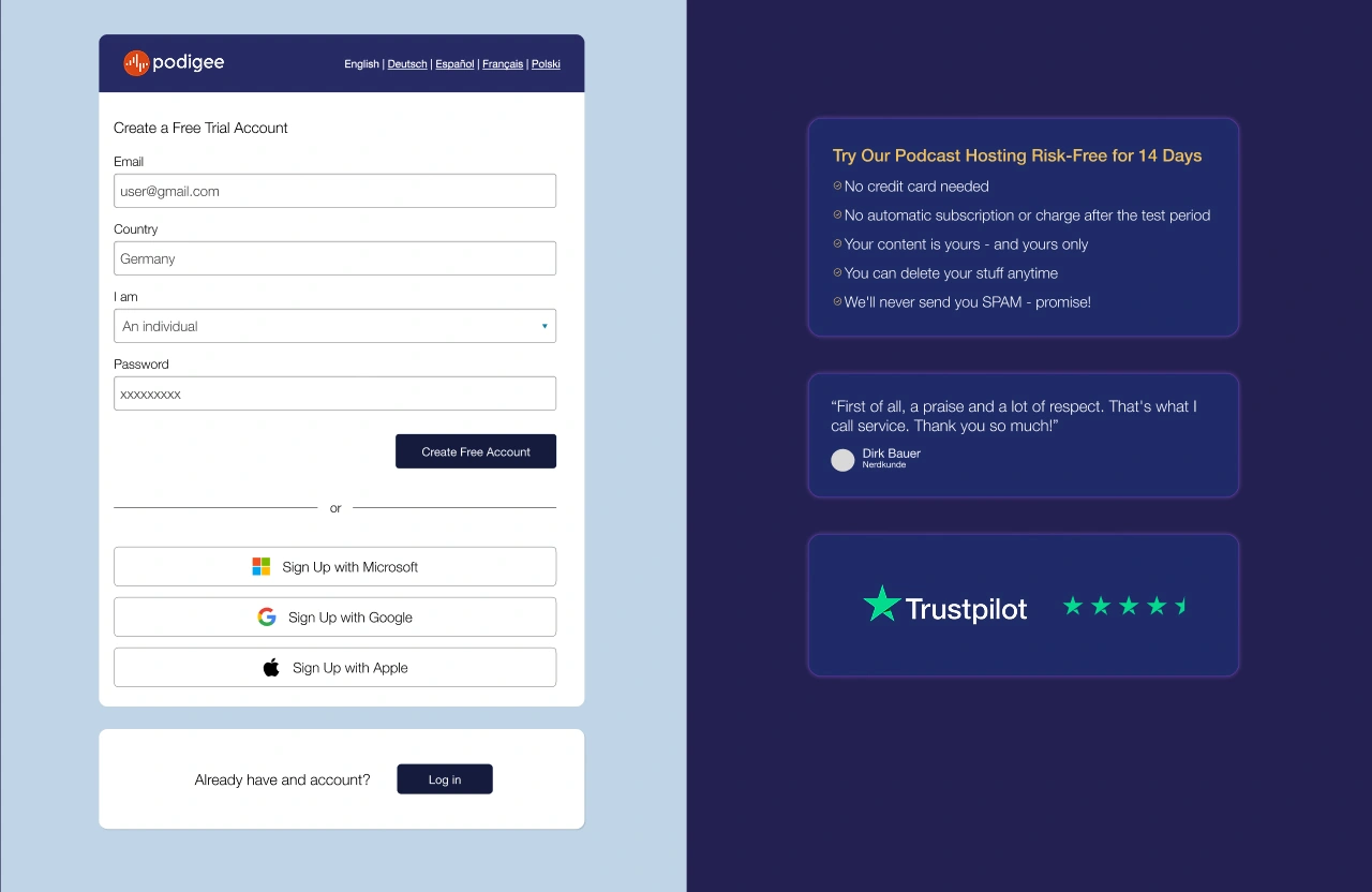 Redesigned account creation form and trial information