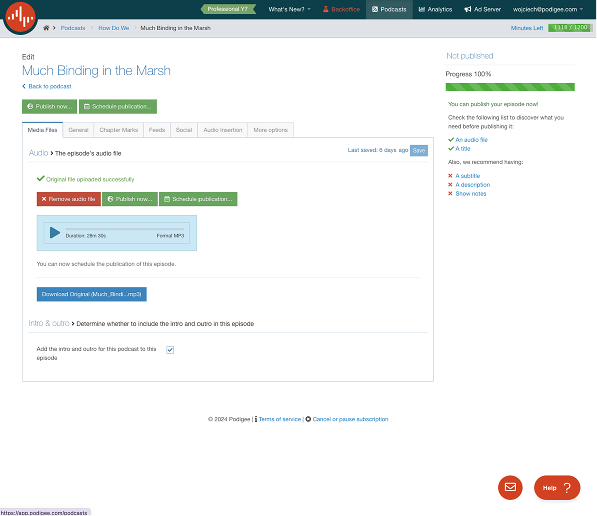 Legacy Podigee episode editor with media tabs and publishing actions