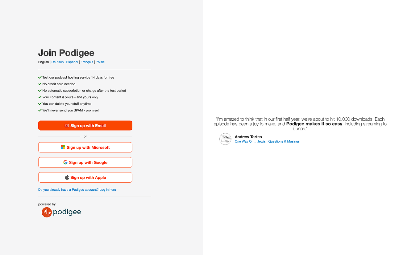 Legacy Podigee account creation page